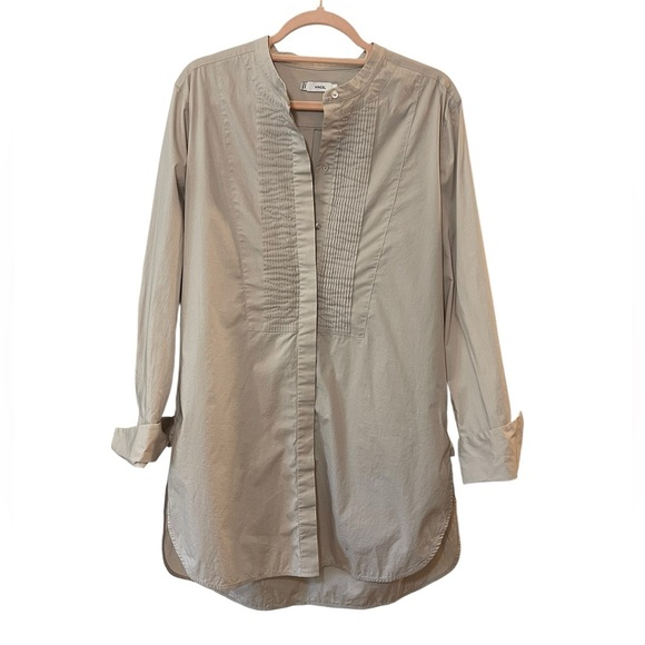 Vince ceramic knife pleat tunic button down beige quiet luxury office career L - Picture 2 of 11